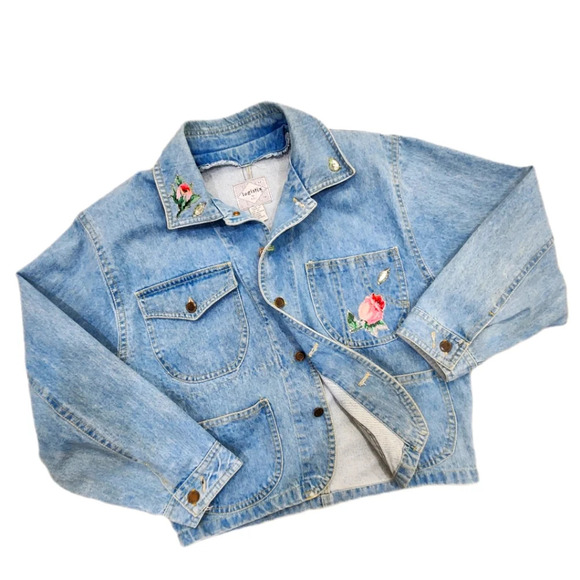 VINTAGE Y2K 80s LOGISTIX Floral Applicay Oversized  Crop Jean JACKET Women's M - Picture 1 of 5
